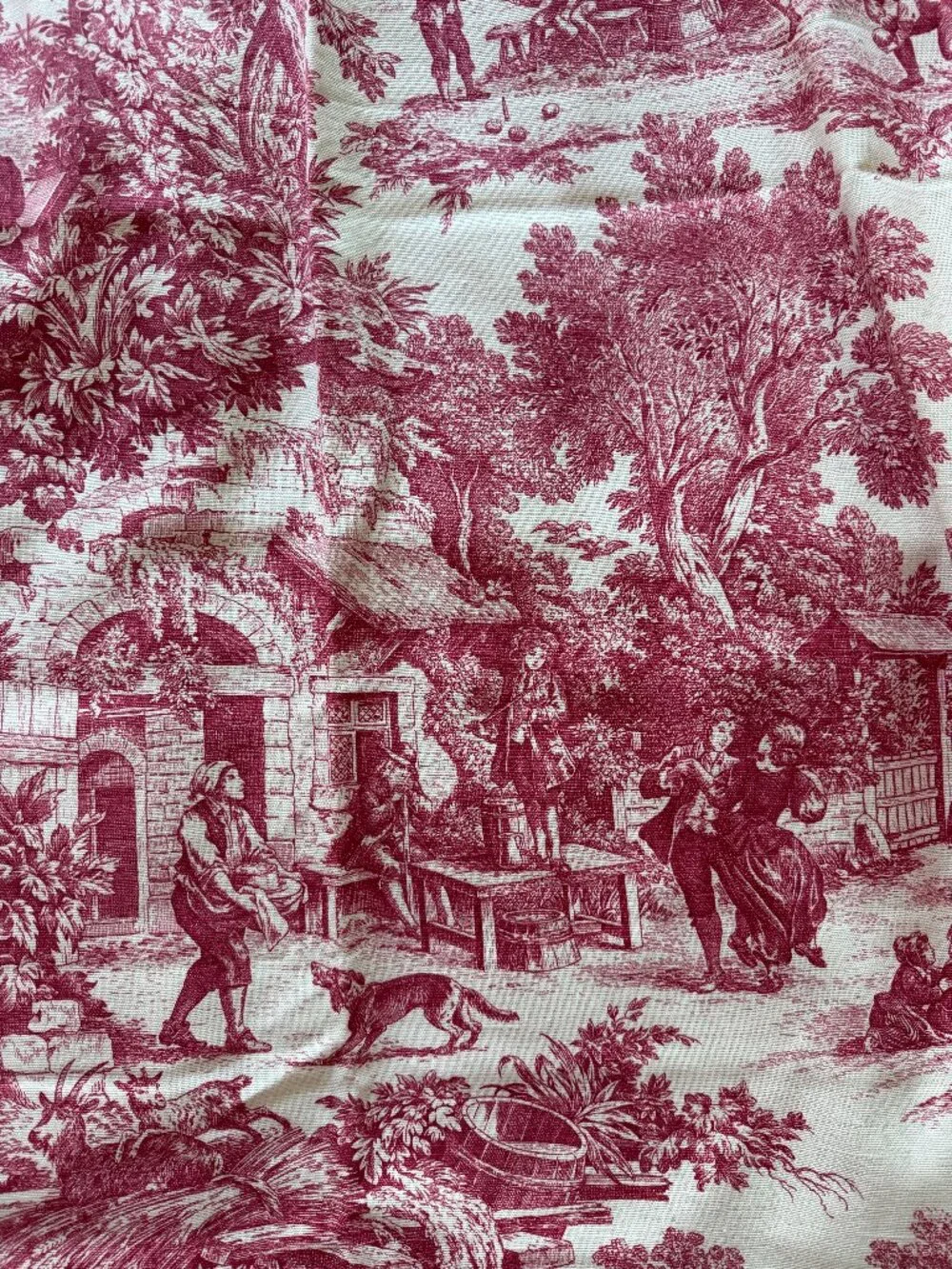 Vintage Toile Print Laura Ashley French Country Pastoral 3 yards Cranberry Cream